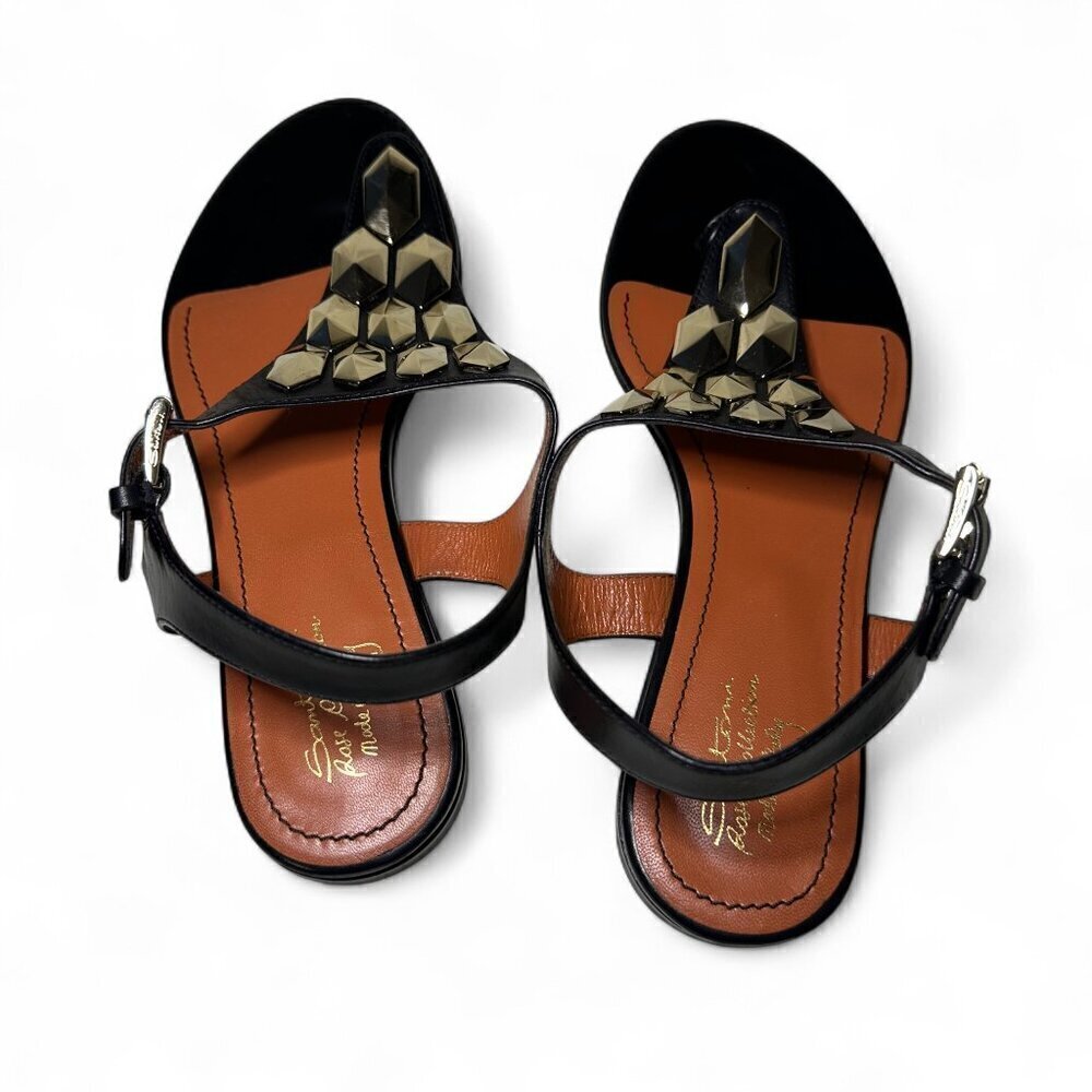 Santoni Women's Toe Strap Sandals In Black w Gold Accents sz EU 37.5 NWOB - Picture 4 of 14